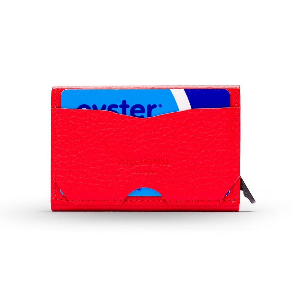 RFID pop-up credit card case, red, reverse view