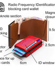 RFID wallet with pop-up credit card case, red, features