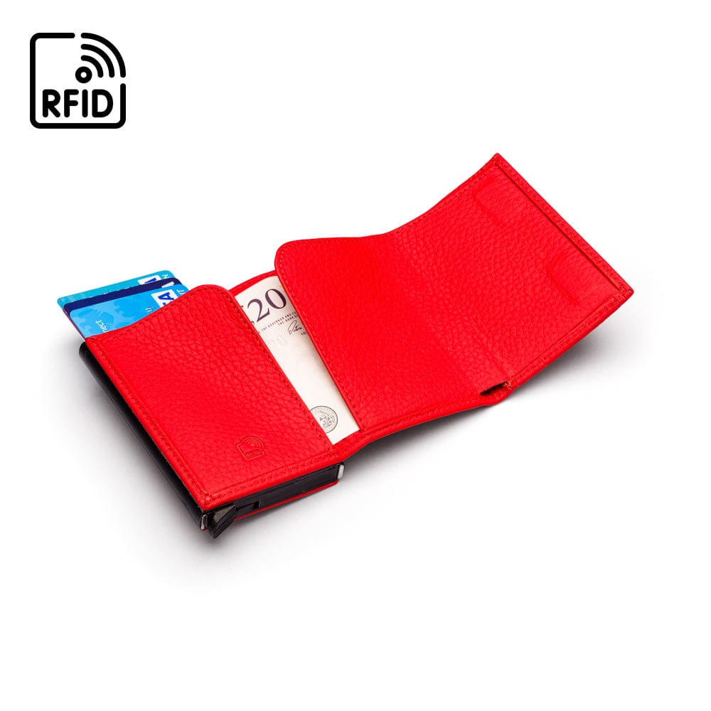 RFID wallet with pop-up credit card case, red, inside view