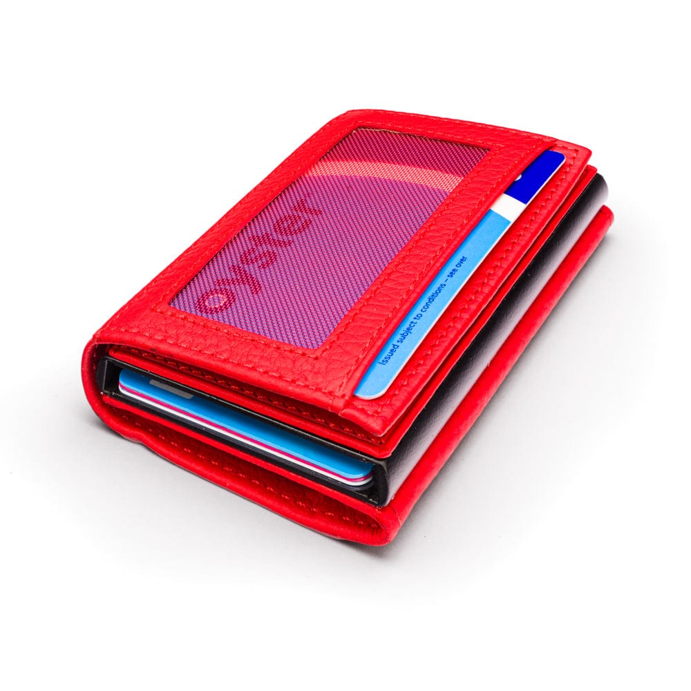 RFID wallet with pop-up credit card case, red, front view