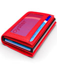 RFID wallet with pop-up credit card case, red, front view