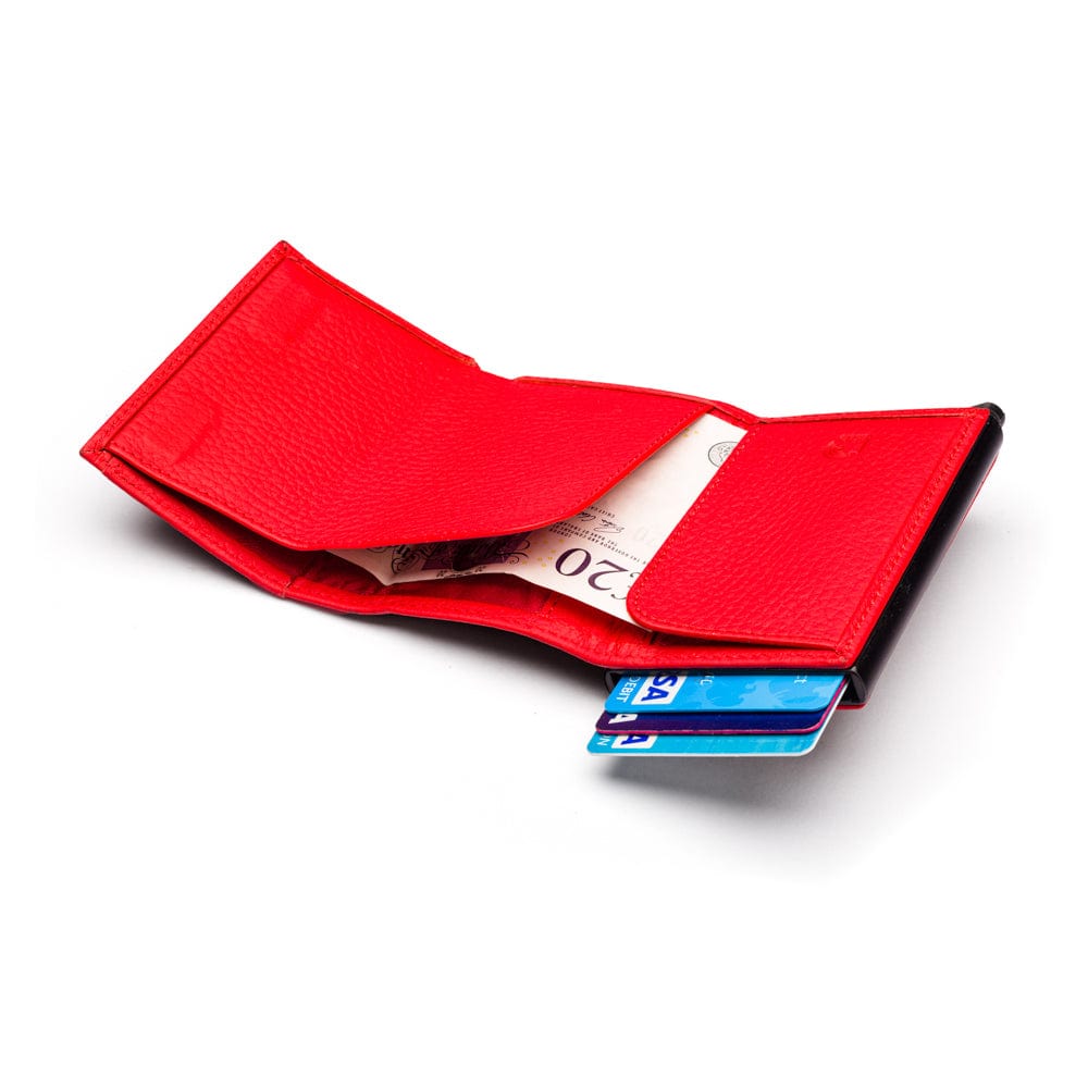 RFID wallet with pop-up credit card case, red, open view