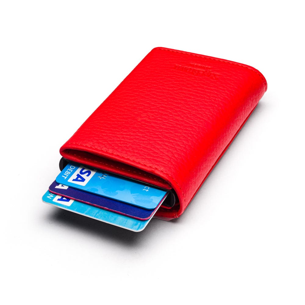 RFID wallet with pop-up credit card case, red, back view