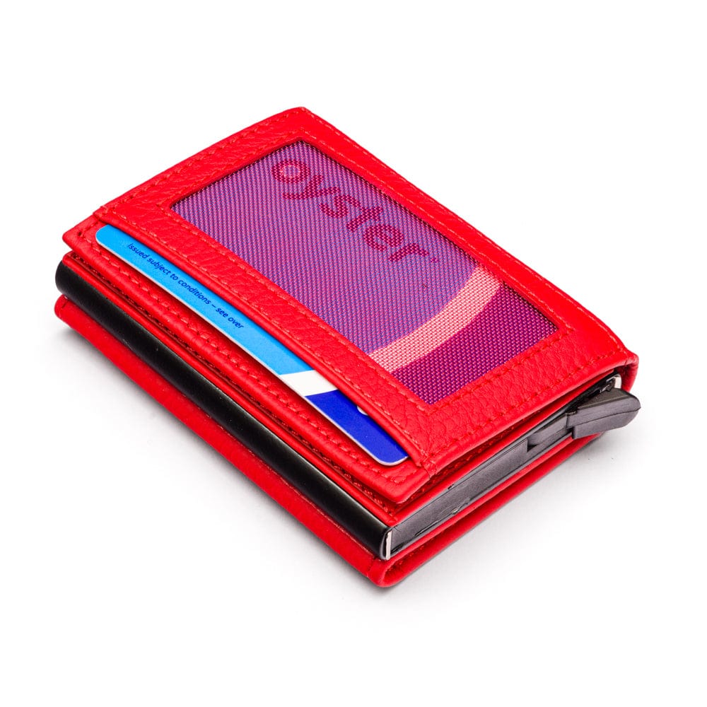 RFID wallet with pop-up credit card case, red, base view