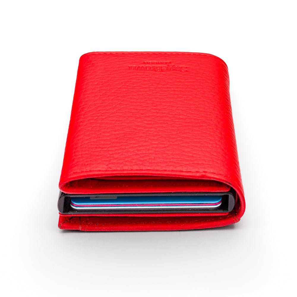 RFID wallet with pop-up credit card case, red, top view