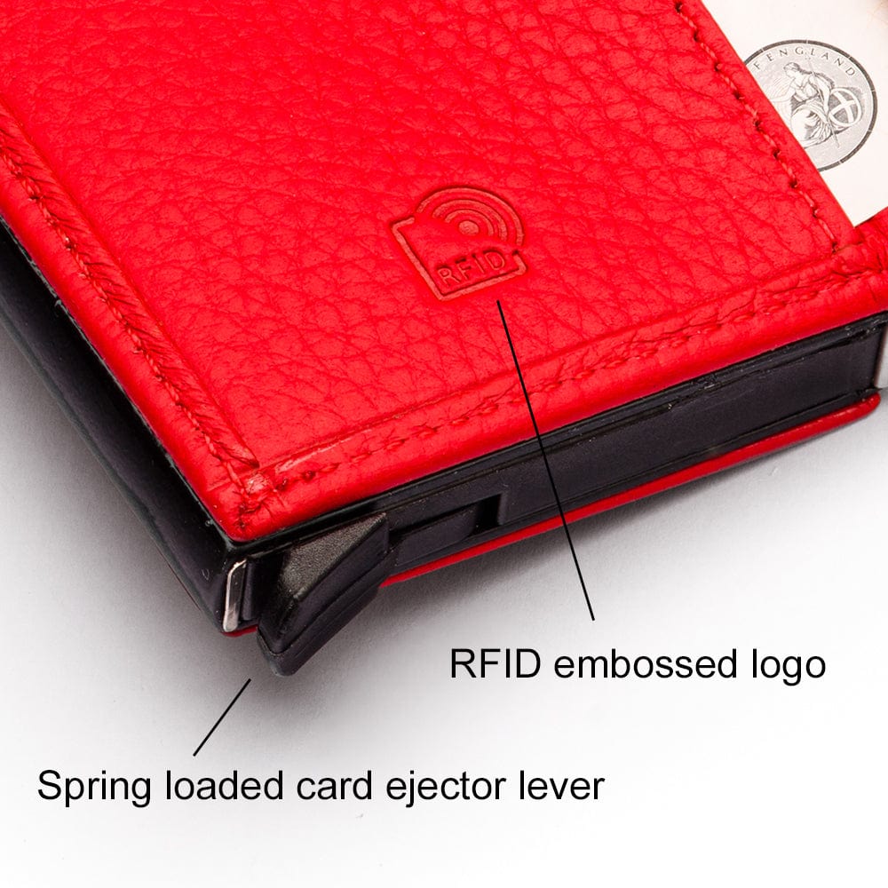 RFID wallet with pop-up credit card case, red, close up view