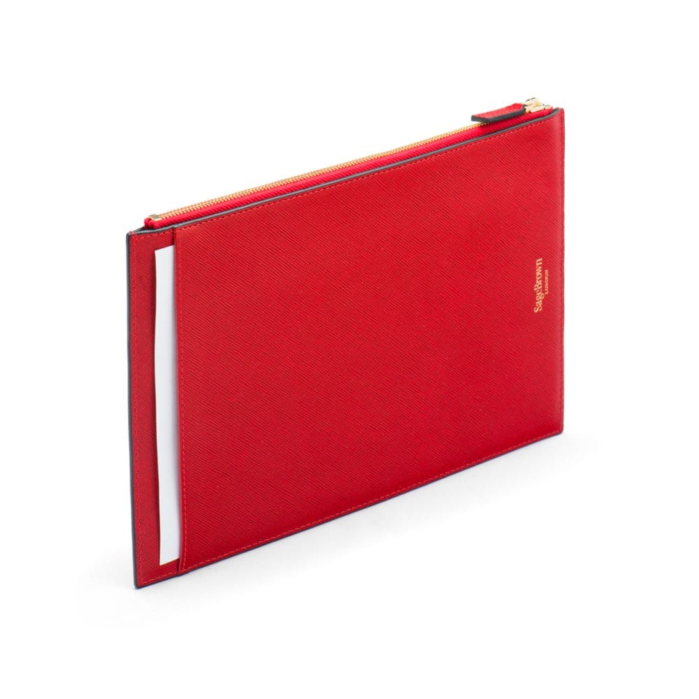 Leather travel document and currency case, red, back