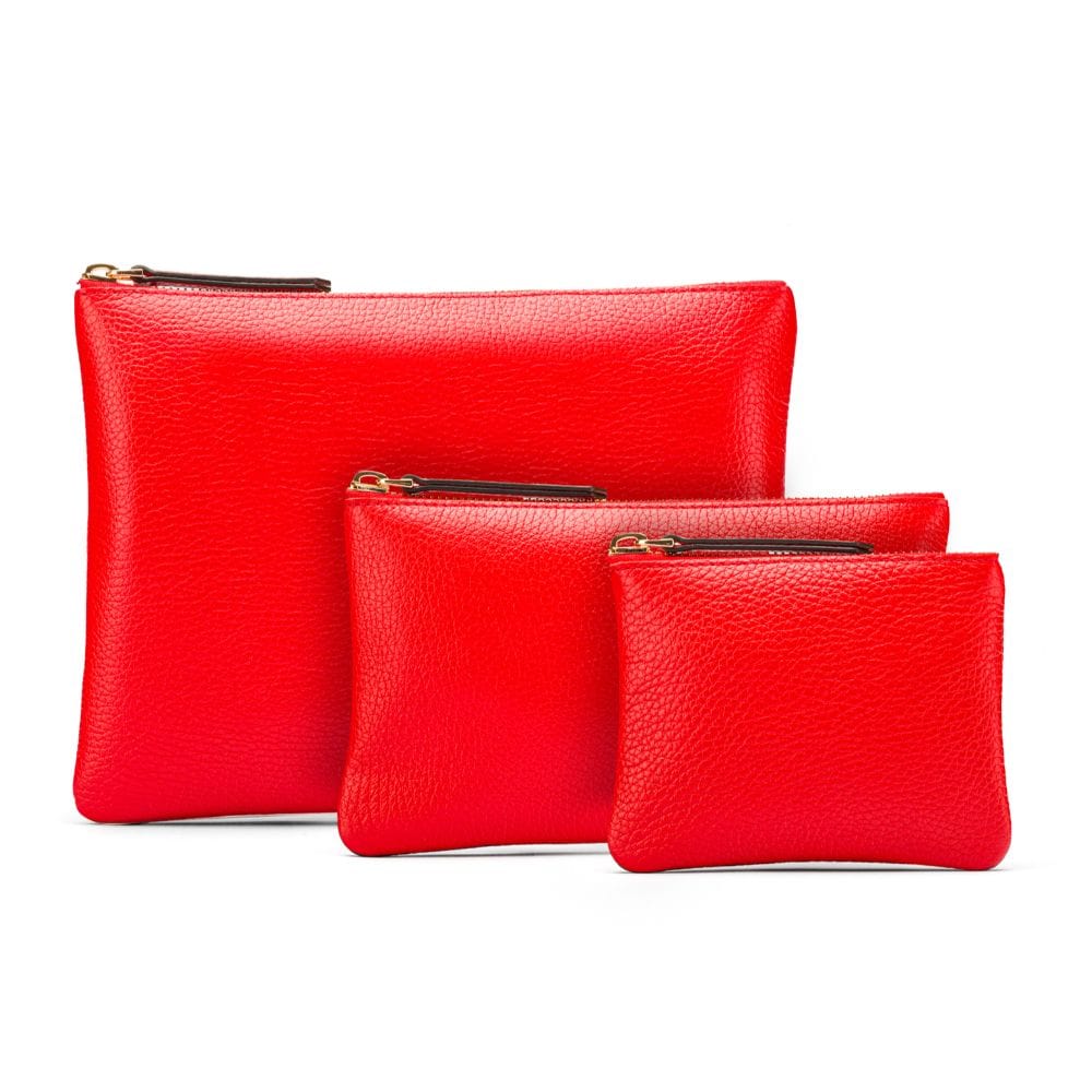 Set of 3 leather makeup bags, red, all sizes