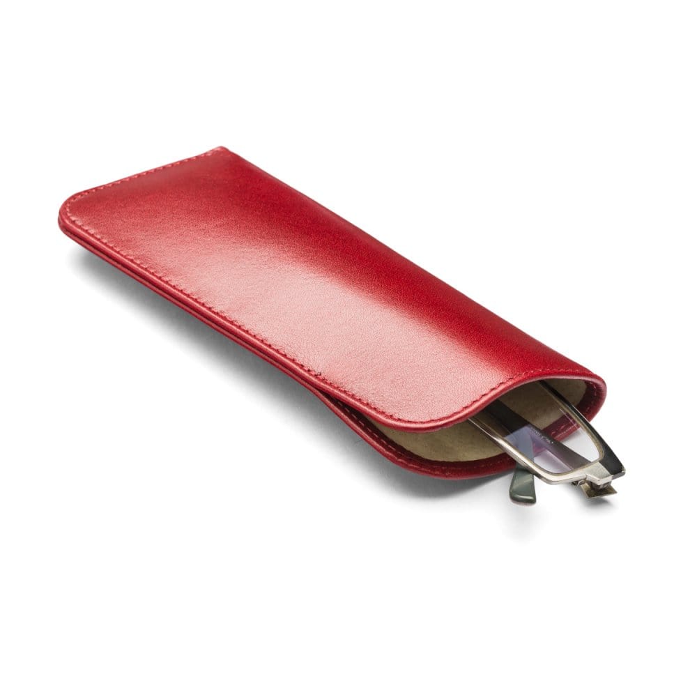 Small leather glasses case, red, open