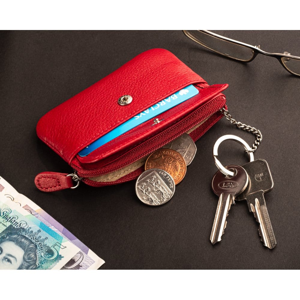 Red Small Leather Zip Coin Purse With Key Chain
