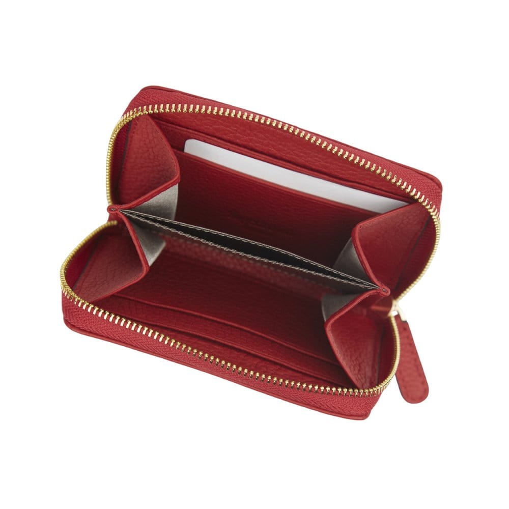 Small leather zip around coin purse, red, open