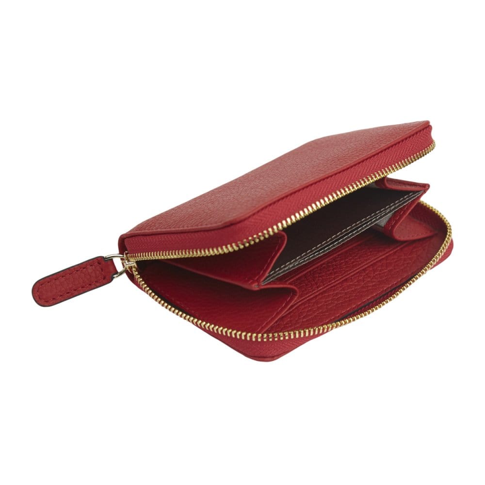 Small leather zip around coin purse, red, interior