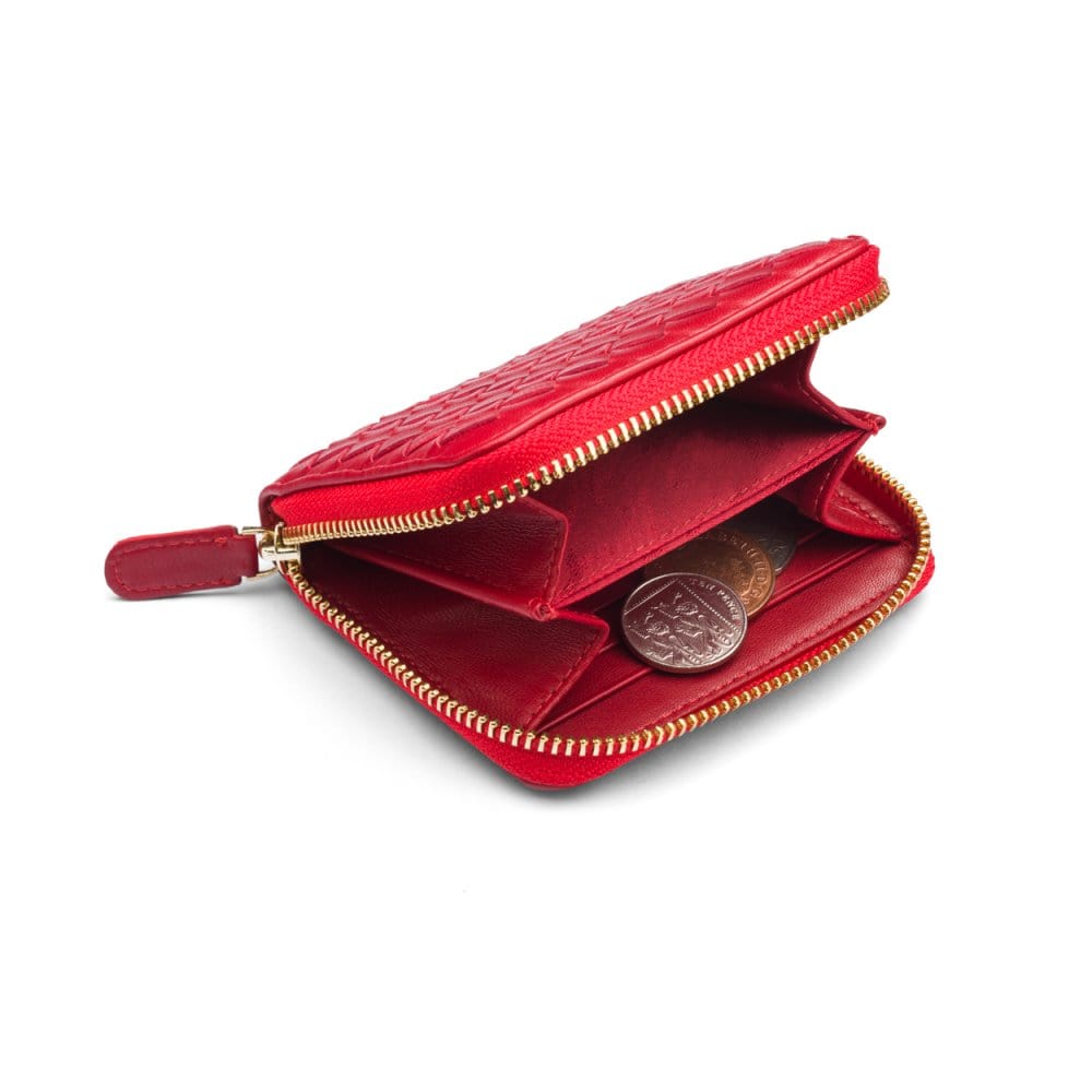 Small zip around woven leather accordion purse, red, inside