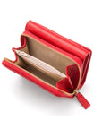 RFID blocking leather tri-fold purse, red, open