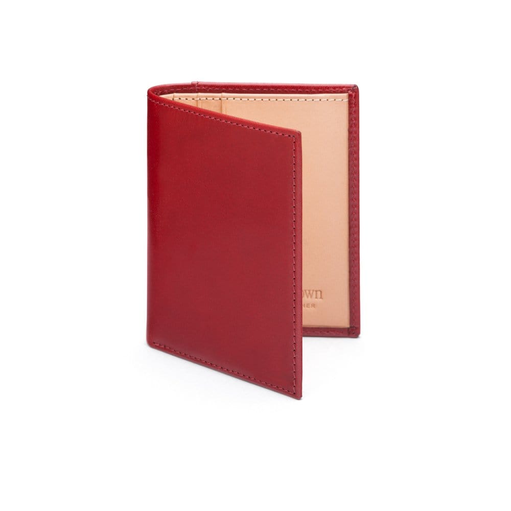 Two tone compact leather billfold wallet with 4 cc, red, front