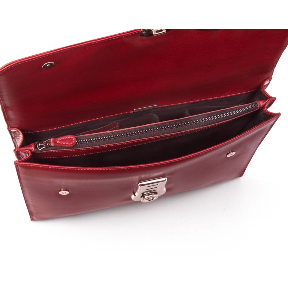 Red Vintage Leather Wall Street Briefcase With Silver Brass Lock
