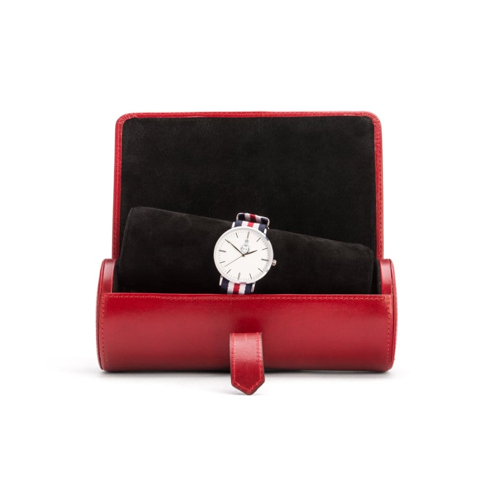 Large leather watch roll, red, open