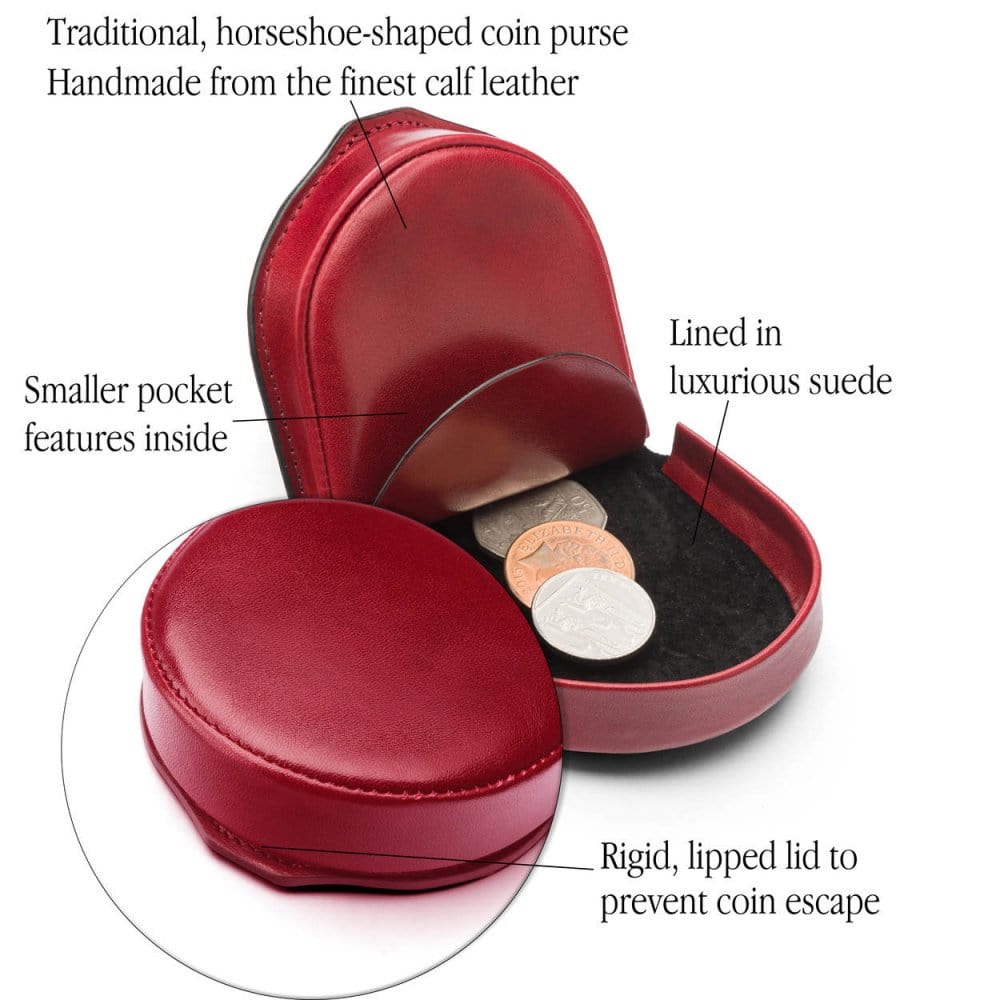 Leather horseshoe coin purse, red, features