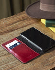 Leather iPhone 11 Pro Max wallet case, red, lifestyle 