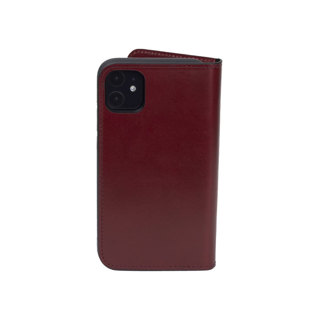 Leather iPhone 11 wallet case, red, back