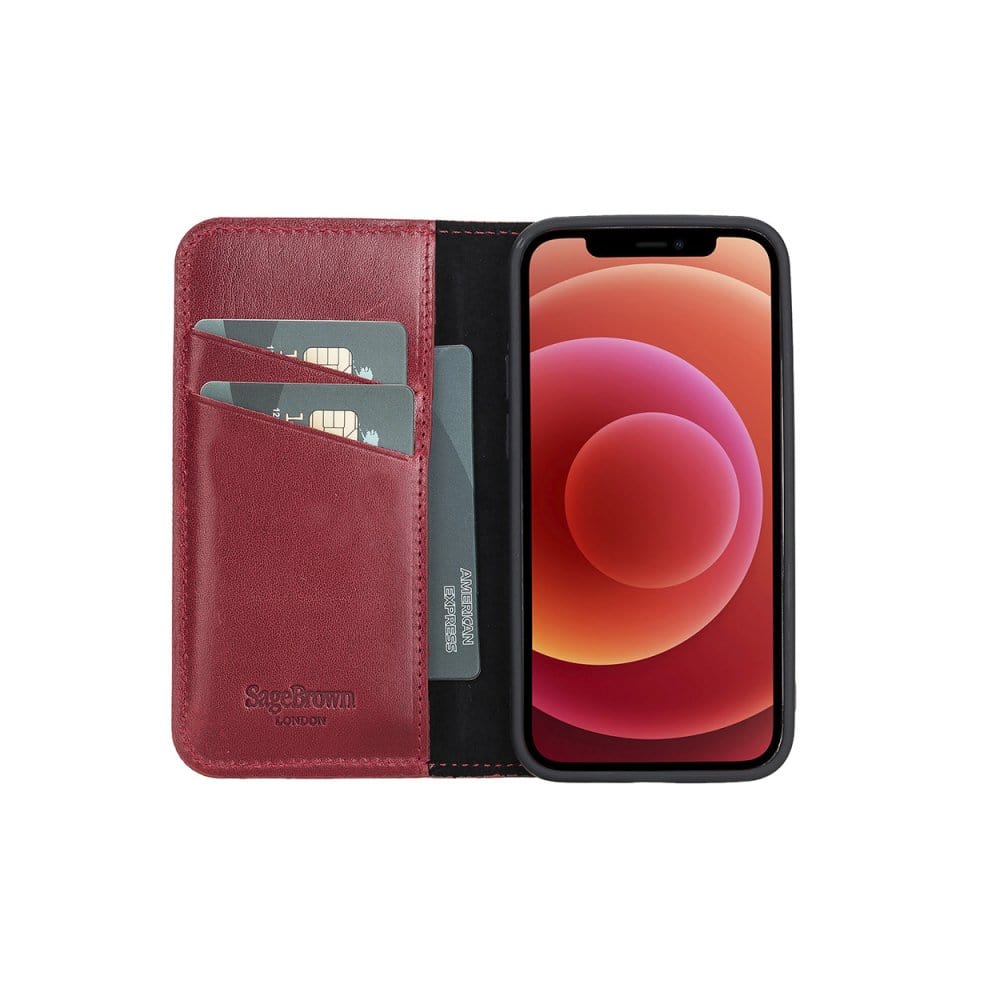 Leather iPhone 12 Mini Wallet Case  - Red With Black