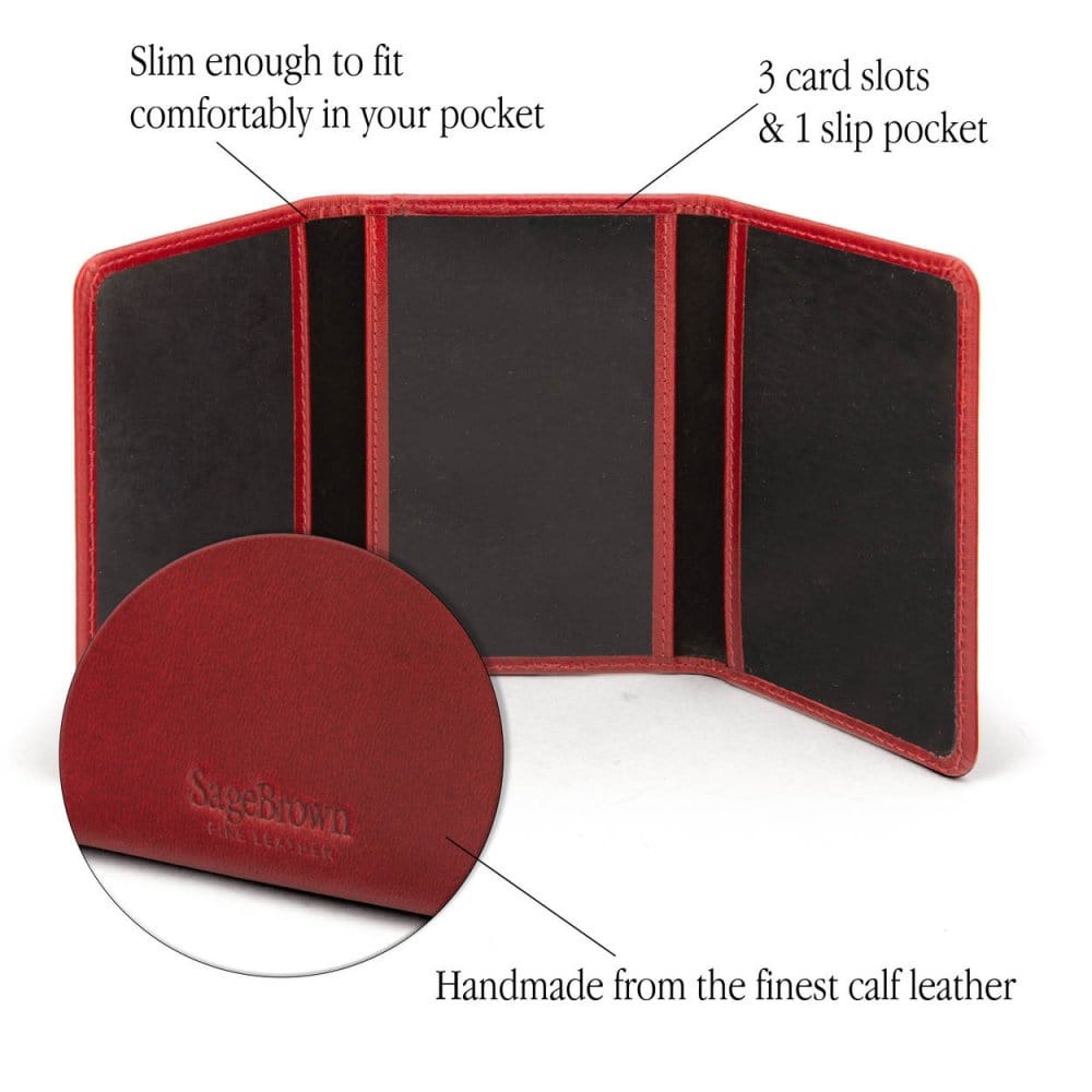 Leather tri-fold travel card holder, red, features