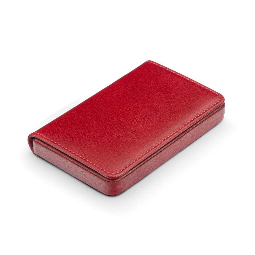 Leather business card holder with magnetic closure, red, side
