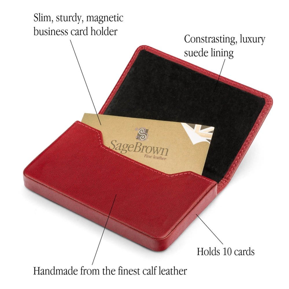 Leather business card holder with magnetic closure, features