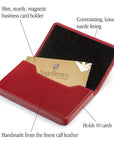 Leather business card holder with magnetic closure, features