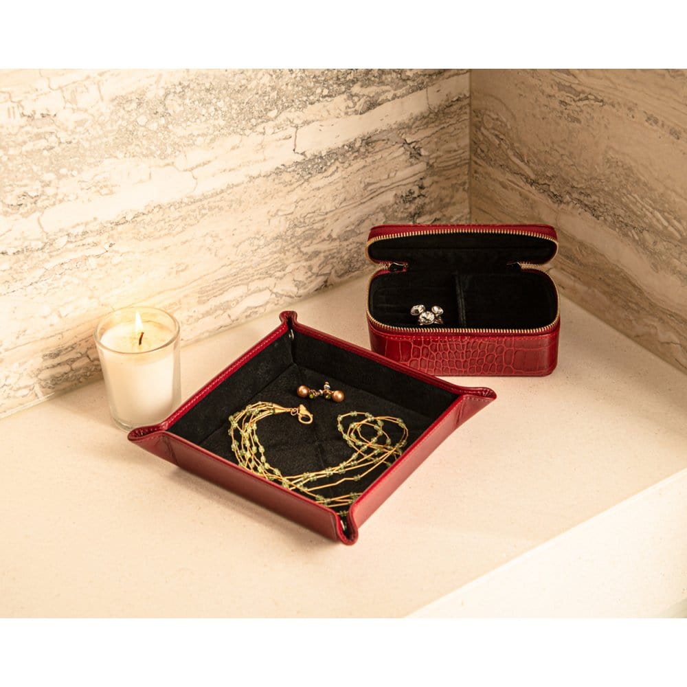Leather valet tray, red with black, lifestyle