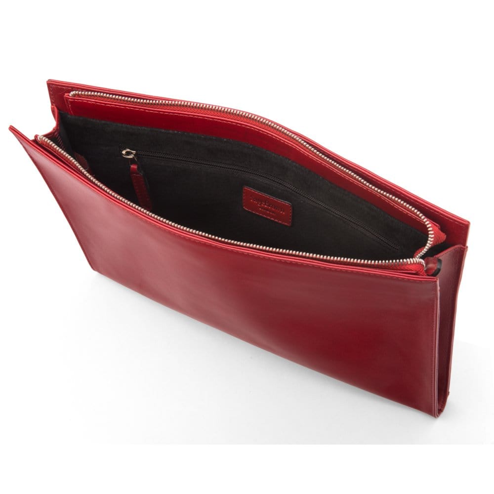 Zip top leather folder, red, inside view