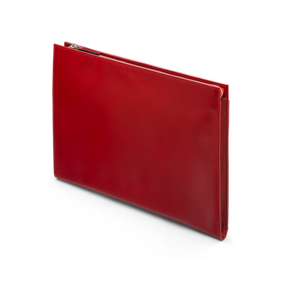 Zip top leather folder, red, side view