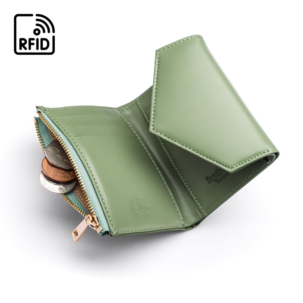RFID blocking leather envelope purse, sage green, open view