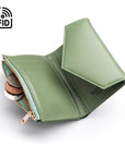 RFID blocking leather envelope purse, sage green, open view