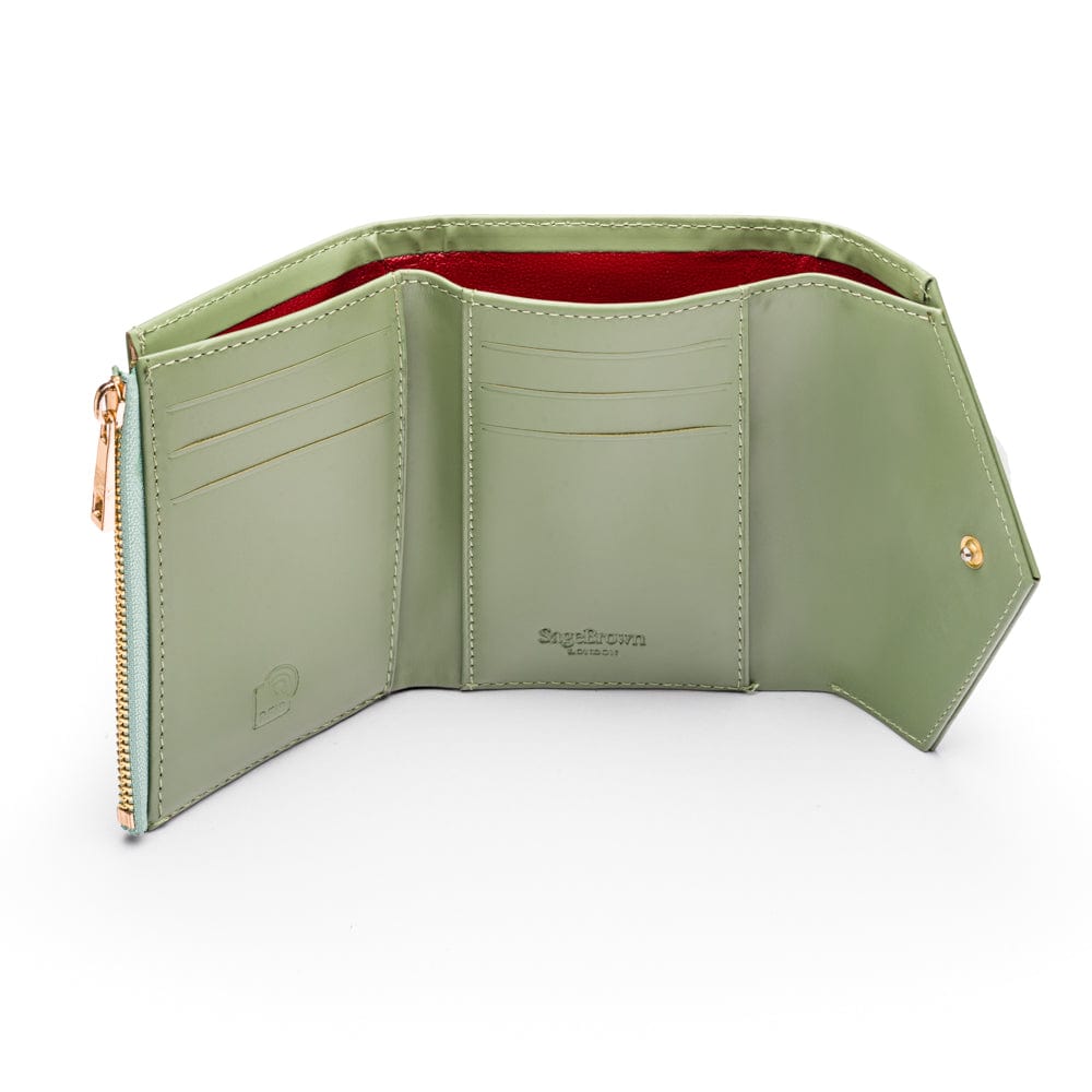 RFID blocking leather envelope purse, sage green, inside