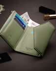 RFID blocking leather envelope purse, sage green, lifestyle