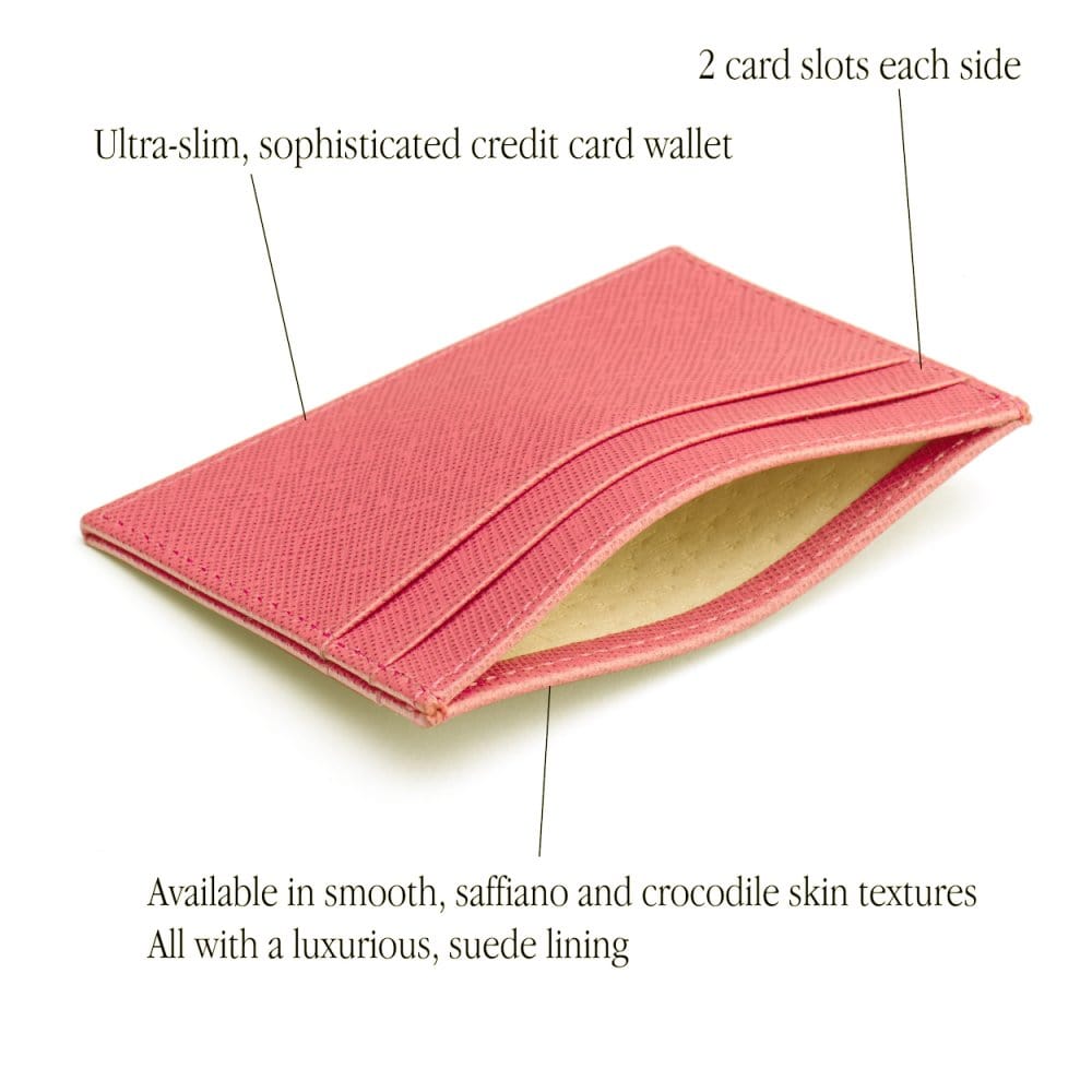 Flat leather credit card wallet 4 CC, pink, features