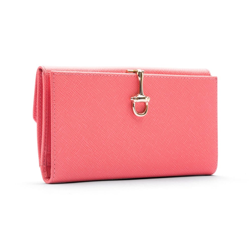 Salmon Pink Ladies Tall Leather Purse With Brass Clasp 8 CC