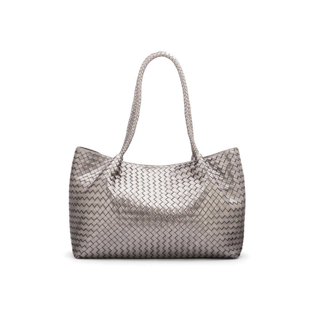Woven leather slouchy bag, silver, front