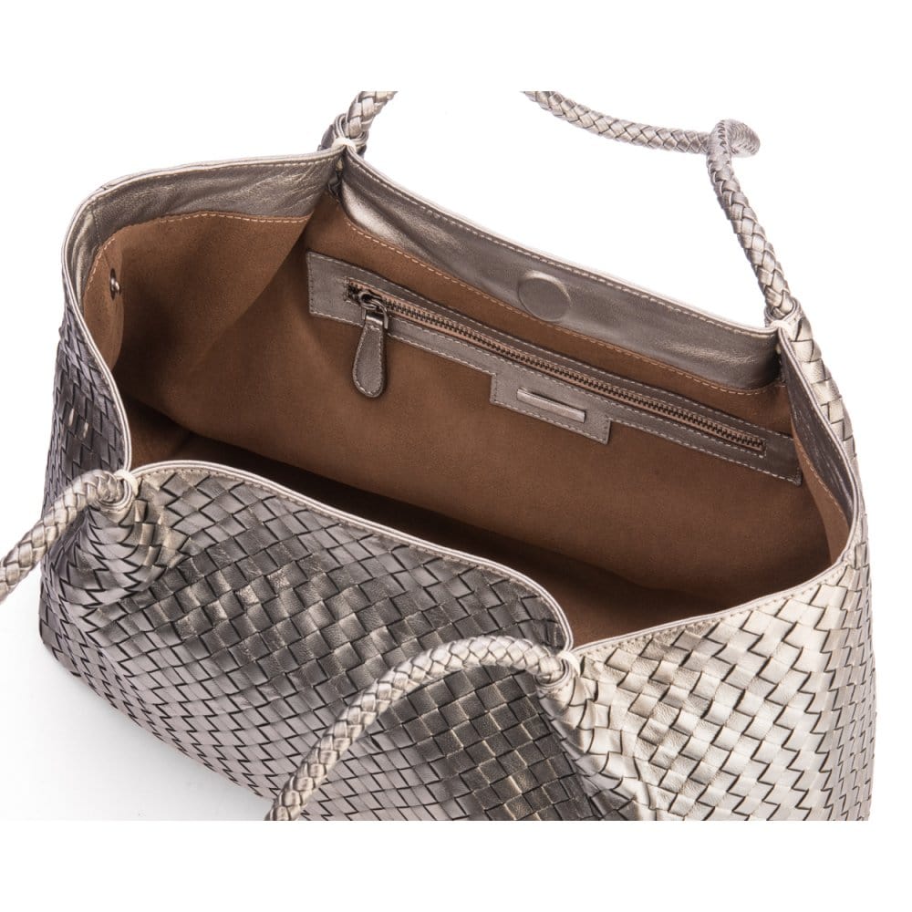 Woven leather slouchy bag, silver, inner bag removed