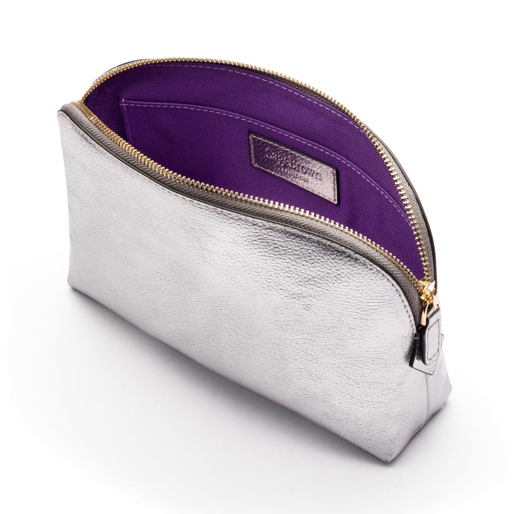 Leather cosmetic bag, silver, open
