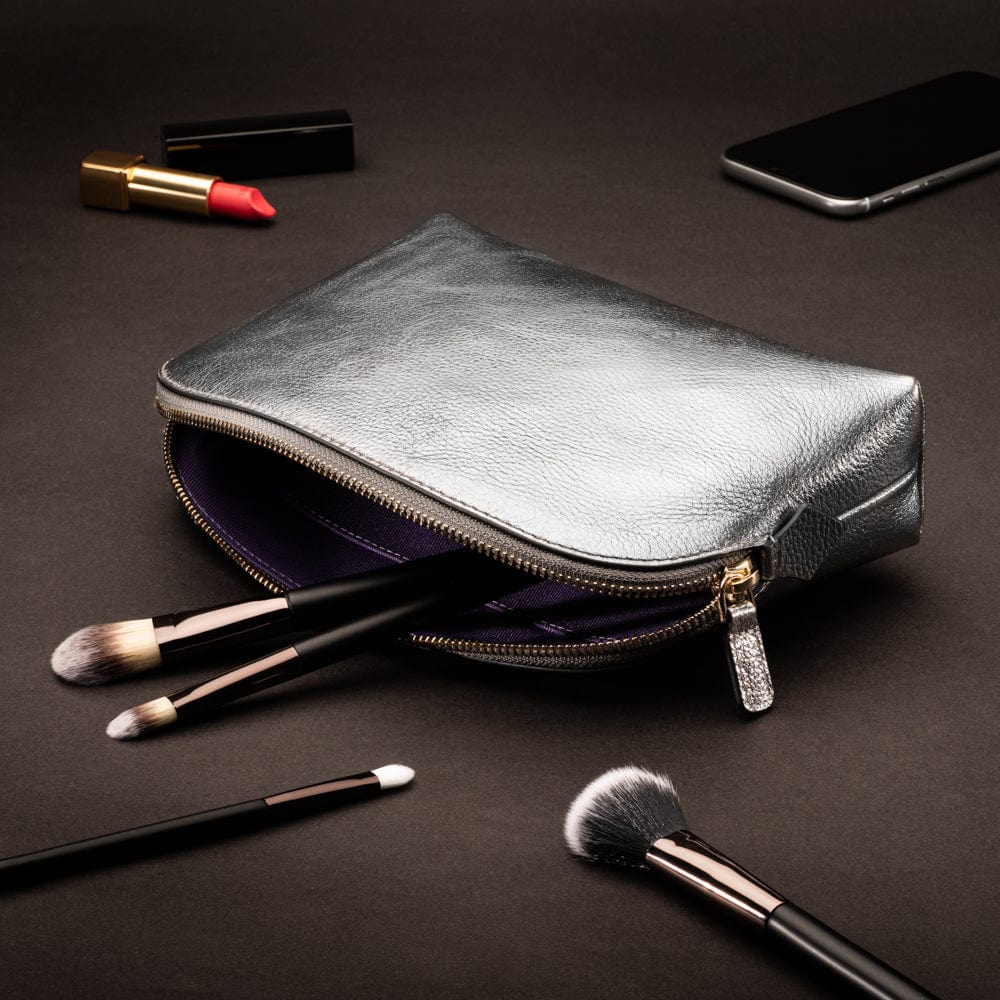 Leather cosmetic bag, silver, lifestyle