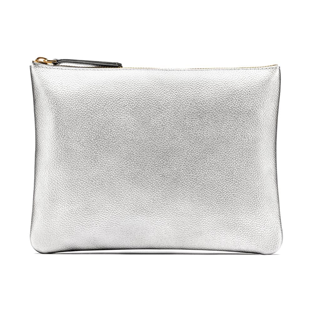 Large leather makeup bag, silver, front view