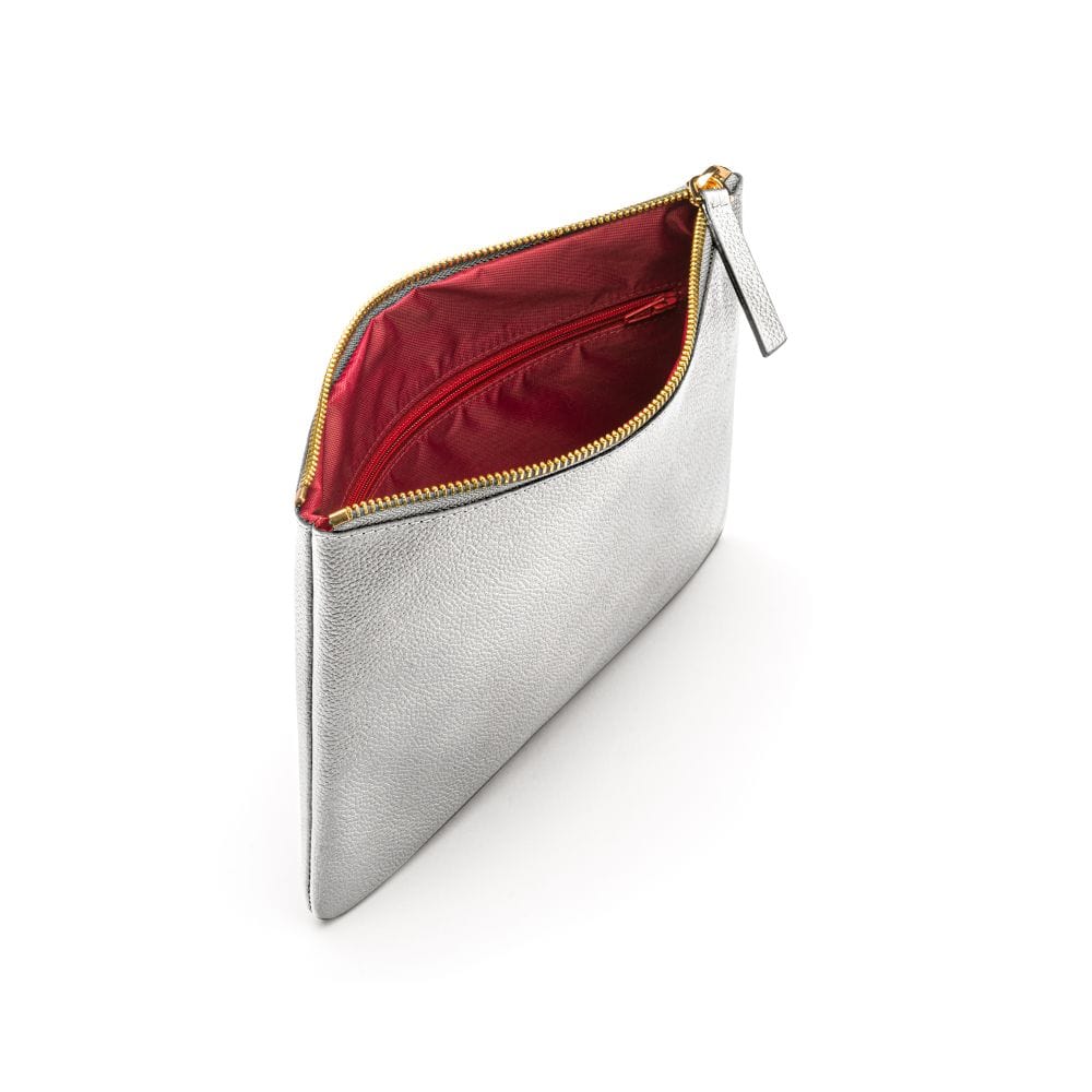 Large leather makeup bag, silver, inside view