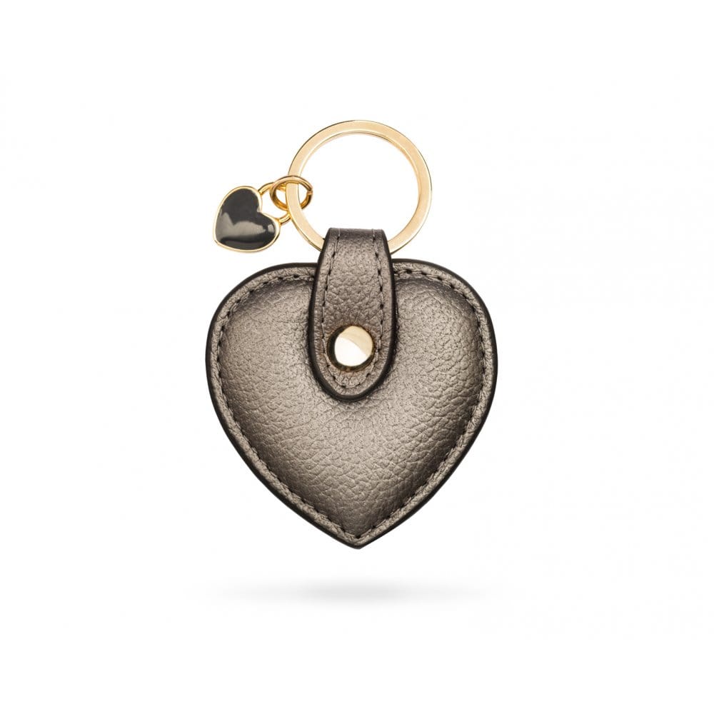 Leather heart shaped key ring, silver, front