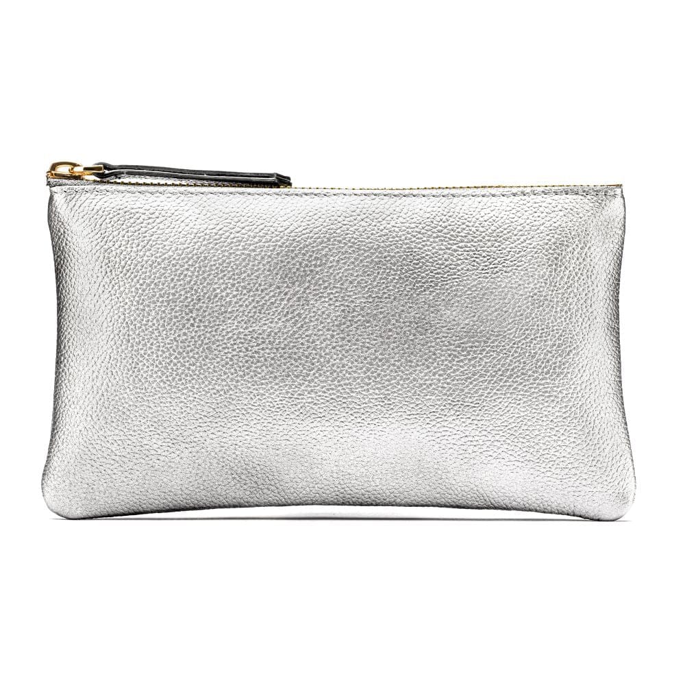 Medium leather makeup bag, silver, front view