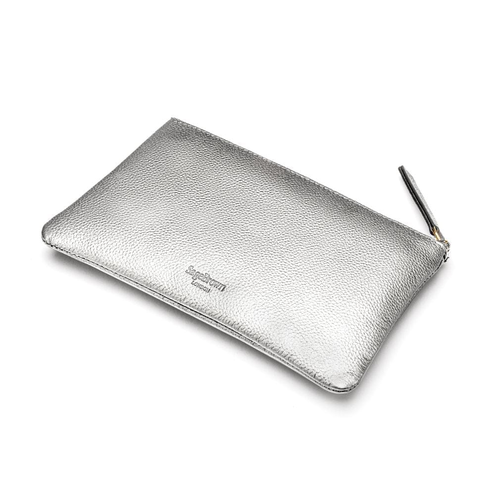 Medium leather makeup bag, silver, back view