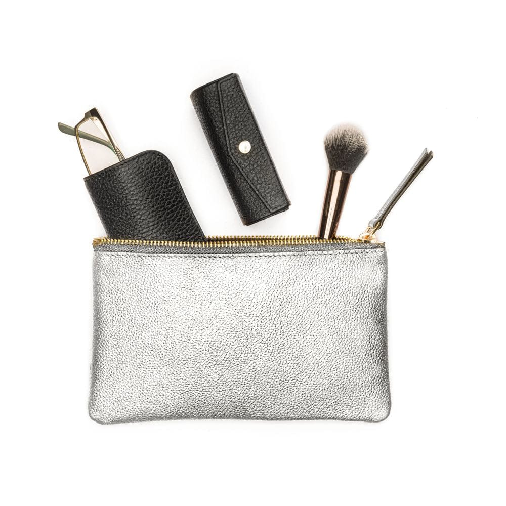 Medium leather makeup bag, silver