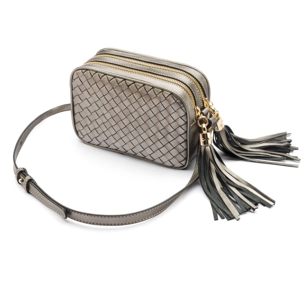 Woven leather camera bag, silver, side