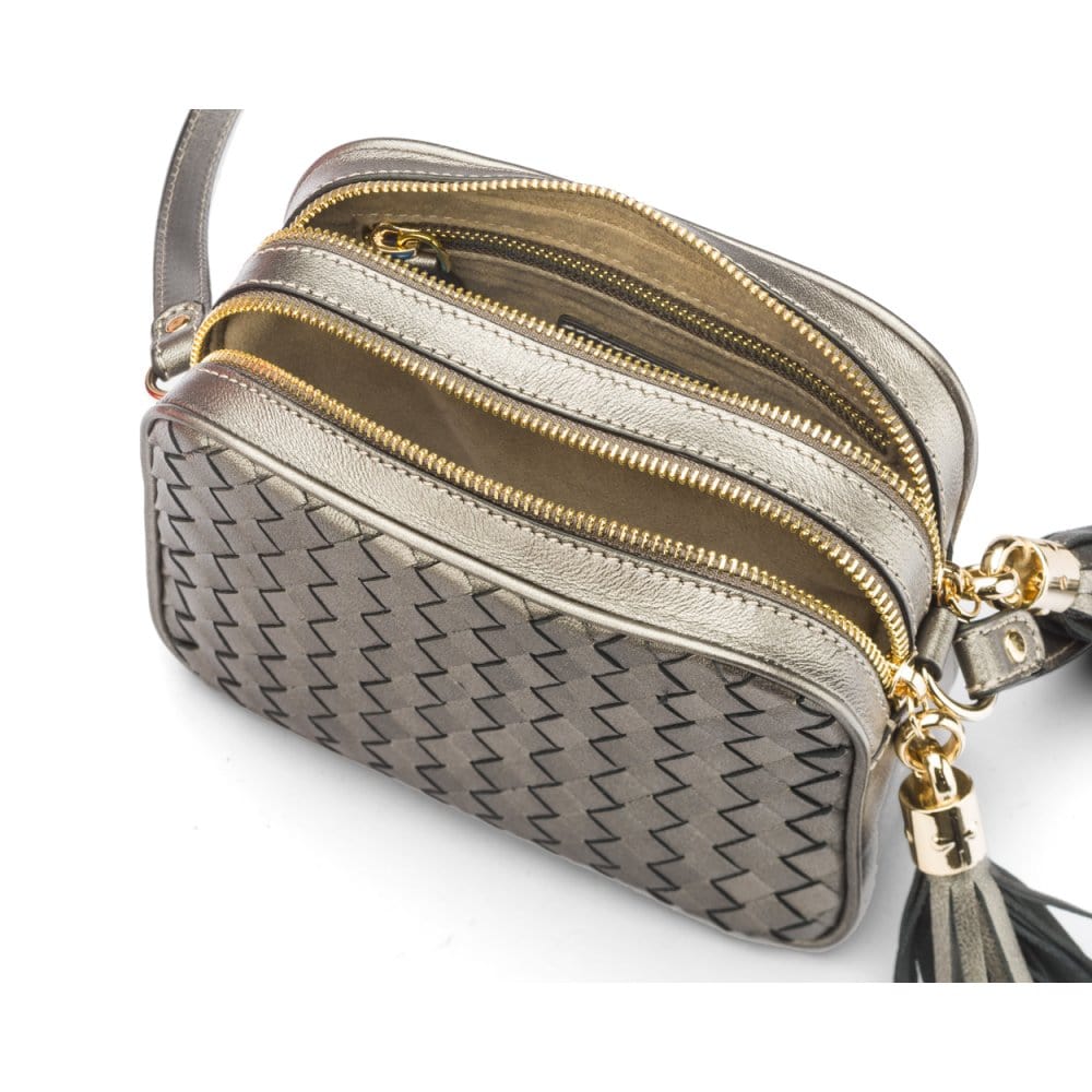 Woven leather camera bag, silver, inside